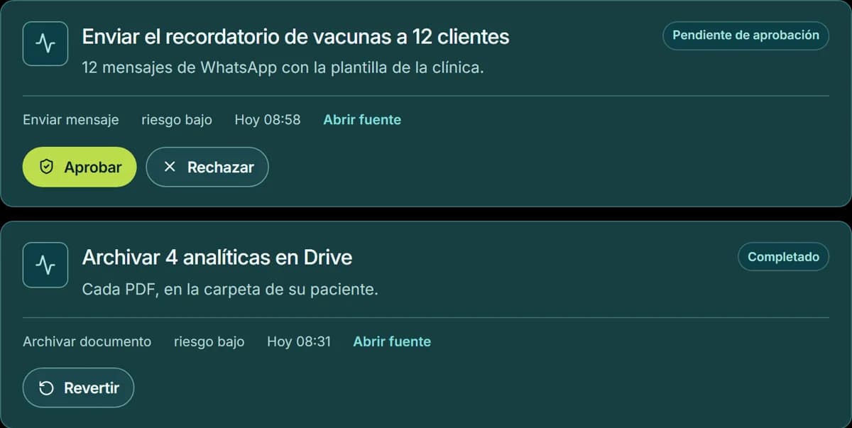 Una acción pendiente de aprobación y otra completada con el botón Revertir