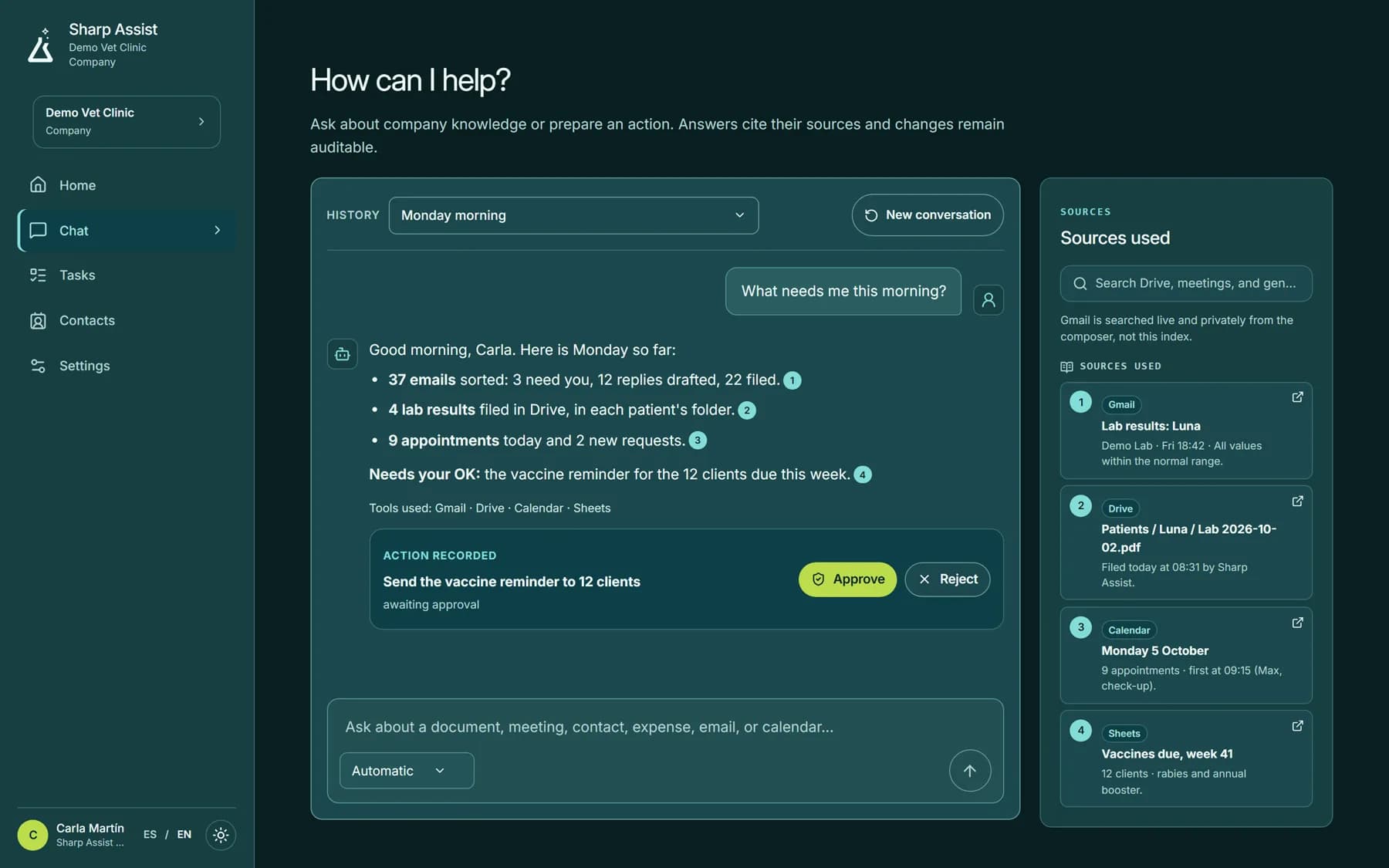 Sharp Assist chat answering with numbered sources from Gmail, Drive, Calendar and Sheets
