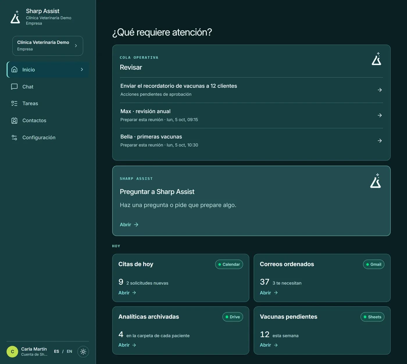 Inicio de Sharp Assist para una clínica veterinaria de demostración