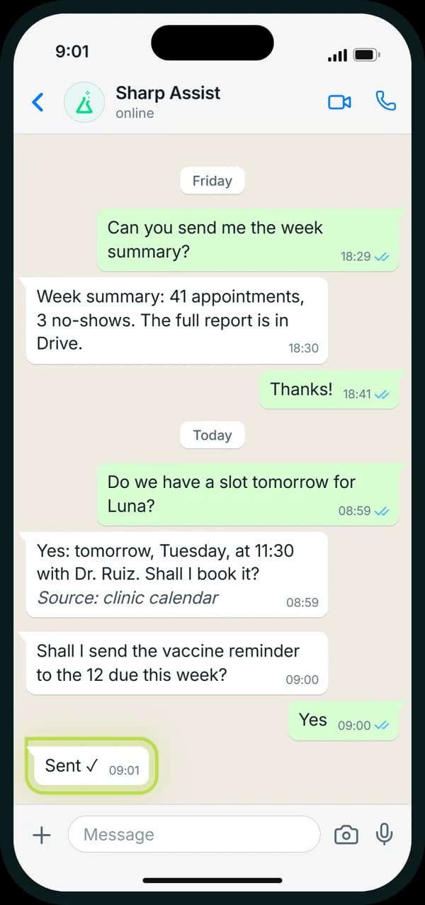 WhatsApp conversation with Sharp Assist