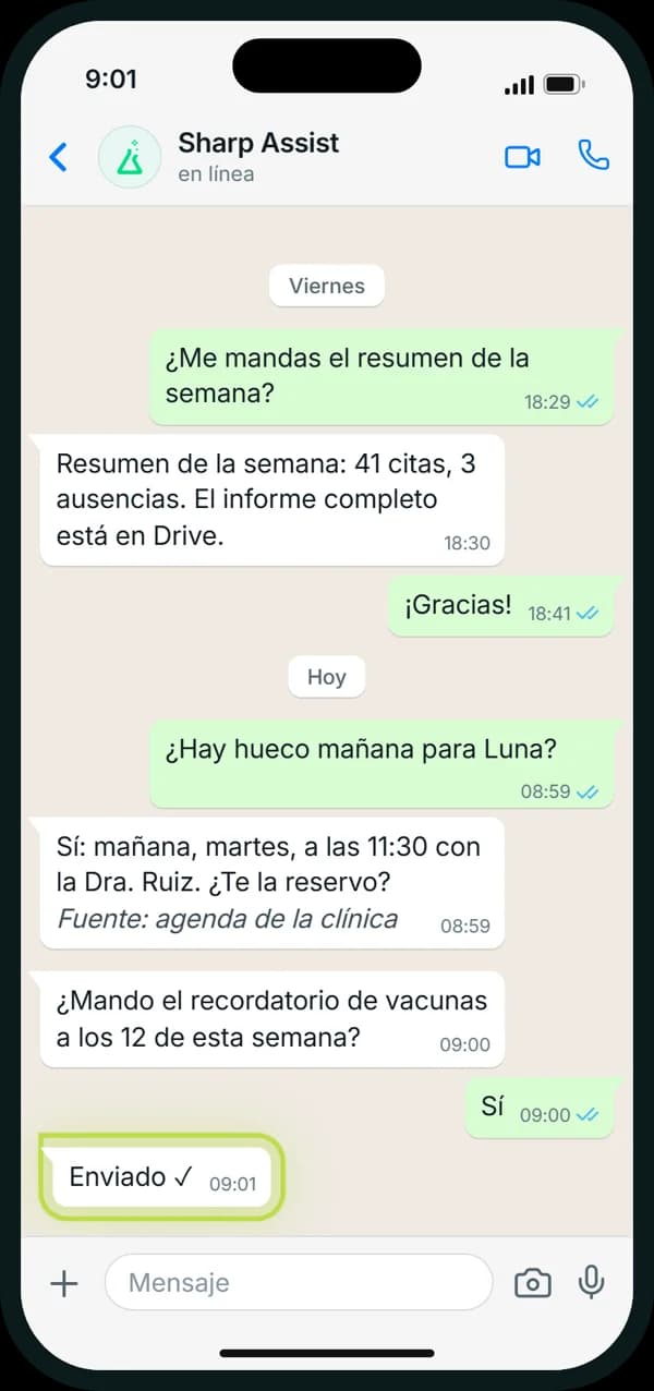 Conversación de WhatsApp con Sharp Assist