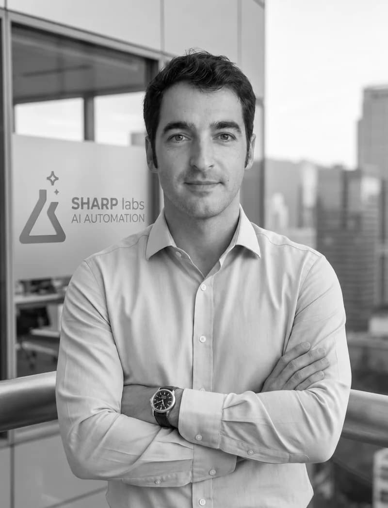 Schwarz-Weiß-Porträt von Miguel Vallejo, Mitgründer von Sharp Labs